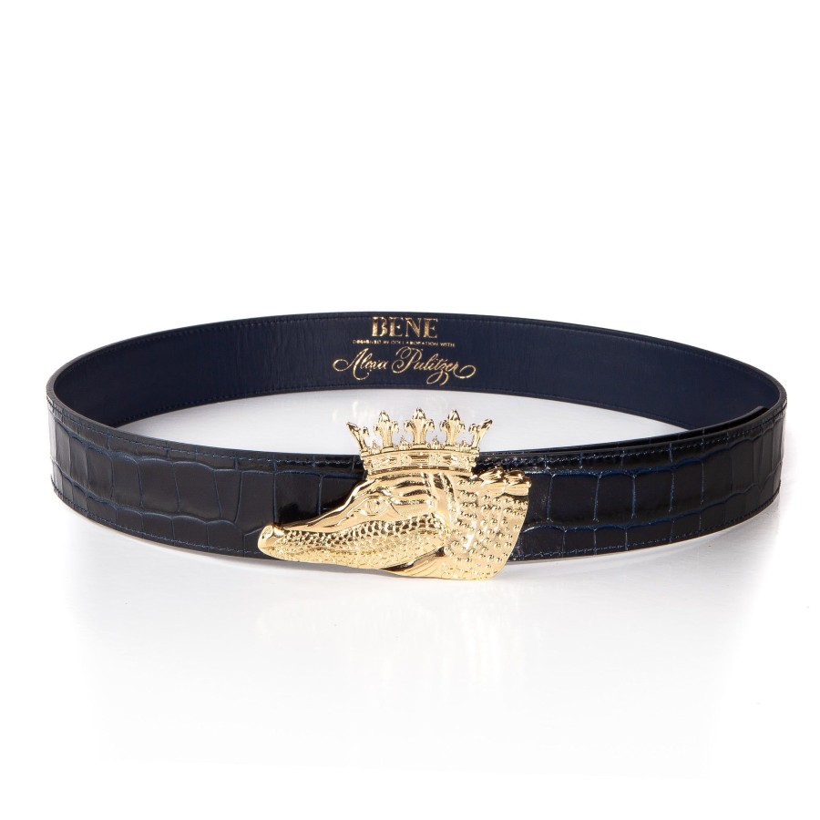 Women Bene Handbags | Bene X Alexa Pulitzer King Gator Leather Belt In Navy Croc