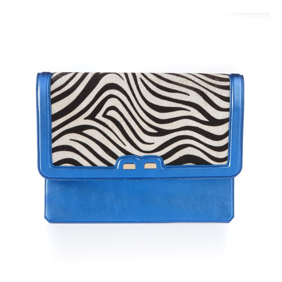 Women Bene Handbags | Caffery In Metallic Royal Blue And Zebra Calf Hair